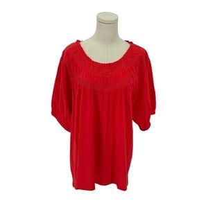 LOFT Red Embroidered Smocked Neck Top Women's XL Made in India